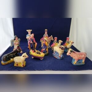 Complete Clay 12 Piece Vintage Hand Painted Guatamale Manger Nativity Scene